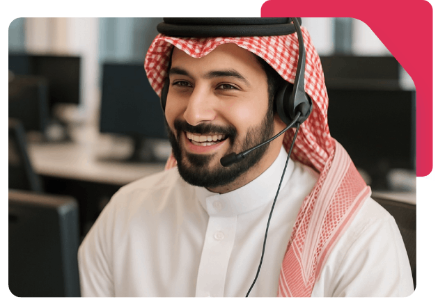 Saudi man with headset symbolizing call center or client service.